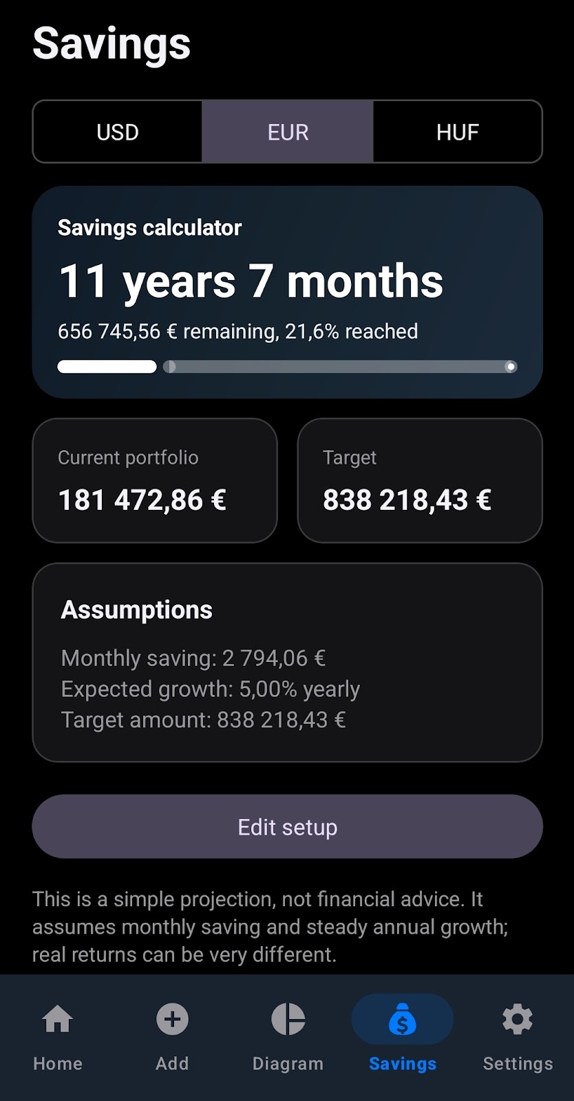 Savings and FIRE calculator in Portfoliom